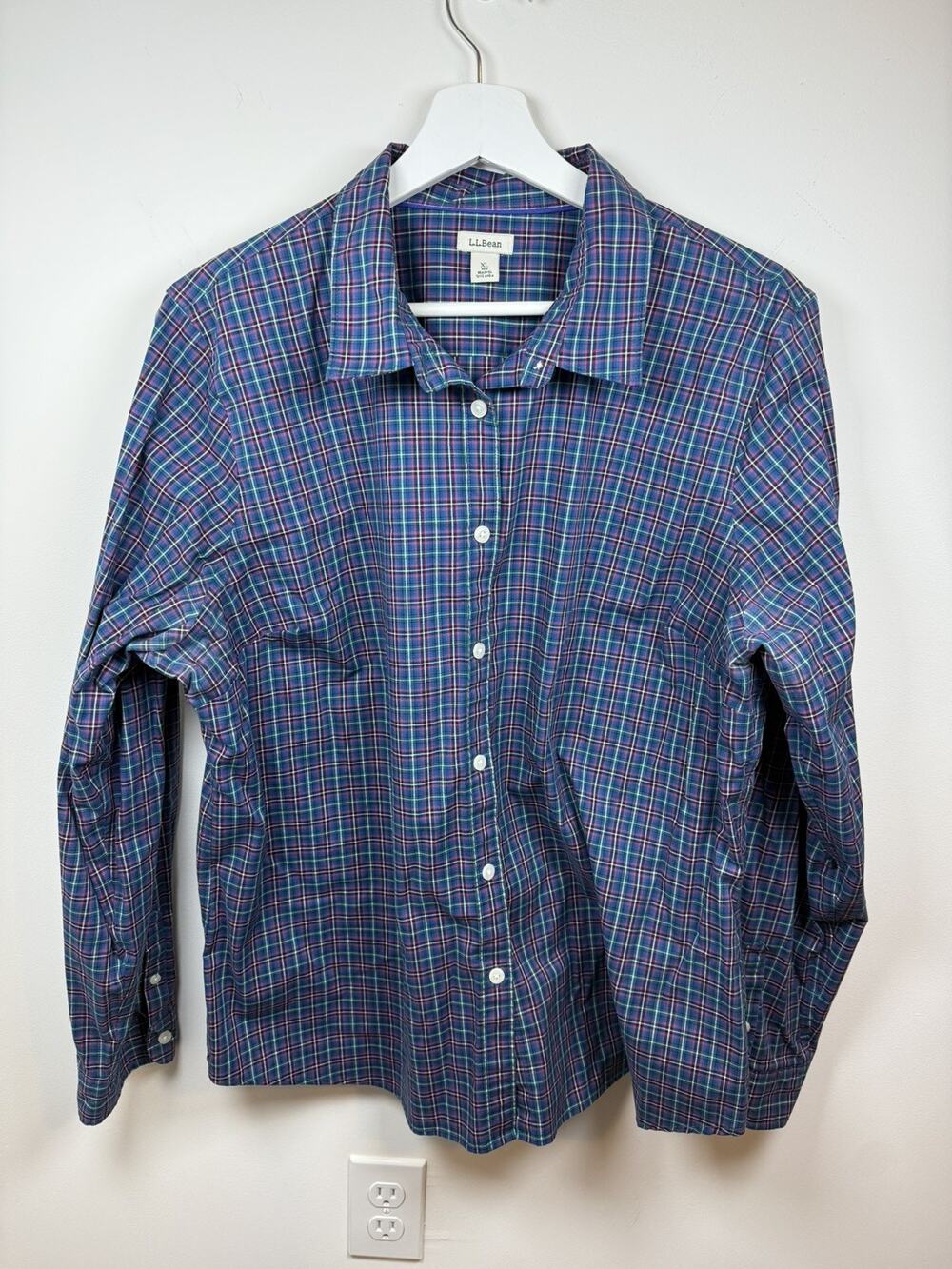L.L. Bean Women's Plaid Collared Button Up Blouse Top Cotton Size XL Business
